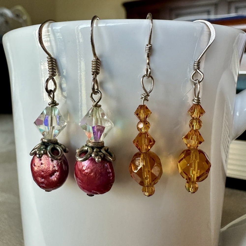 VTG 2 Pairs Dangle Drop Earrings Crystal Shell Acrylic Beads 925 Sterling Silver